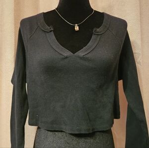wild fable Black Ribbed V-Neck Long Sleeve Cropped Sweater